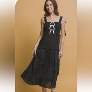 Love Tree Black Tiered Maxi Dress with Bows and Contrast Straps SIZE MEDIUM NWOT